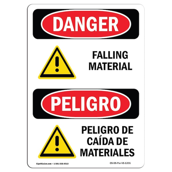 OSHA Sign, Falling Material Bilingual, 18in X 12in Rigid Plastic, 12" W, 18" H, Bilingual Spanish